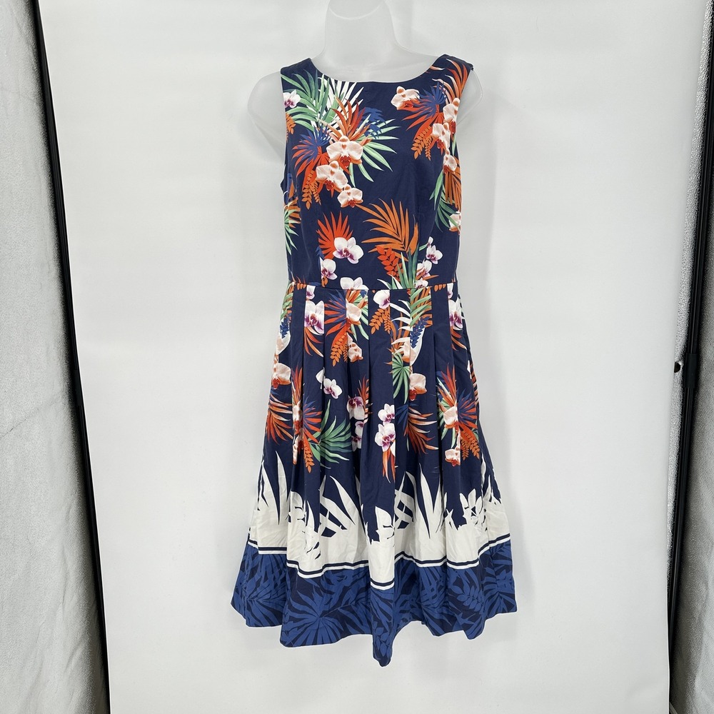 Talbots Dress Small Blue Floral Sleeveless Fit Flare Tropical Pockets Vacation *